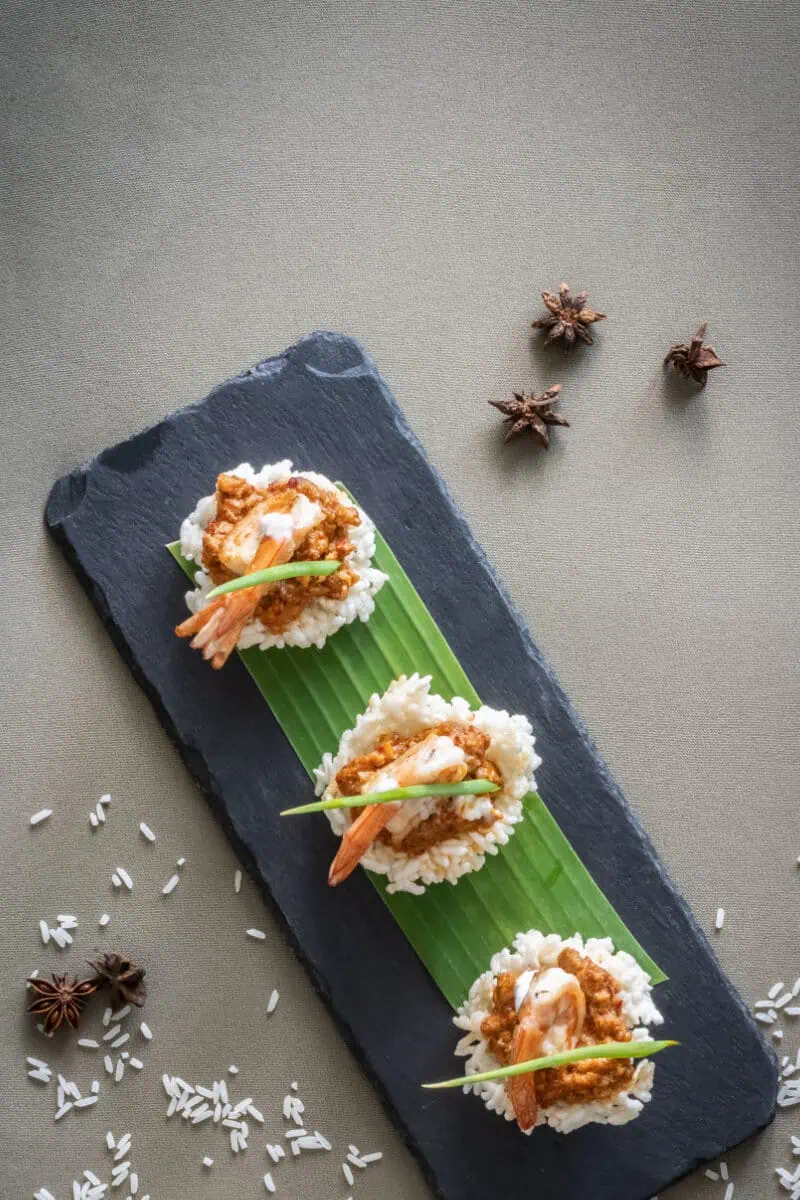 Mekhala Restaurant and Bar Prawns on Crispy Rice with Natang